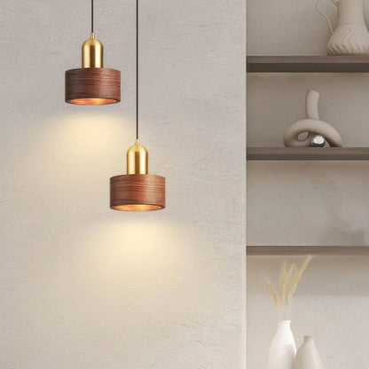 Walnut & Brass Cylinder Pendant Lamp | Japanese-Inspired Hanging Light Fixture