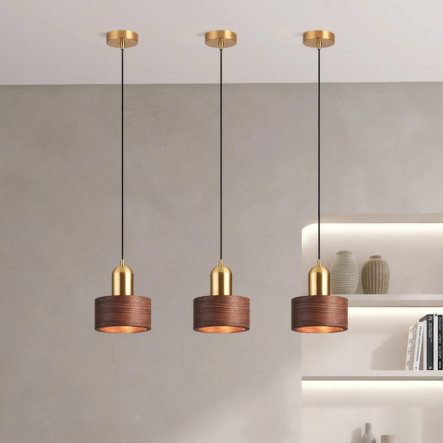 Walnut & Brass Cylinder Pendant Lamp | Japanese-Inspired Hanging Light Fixture