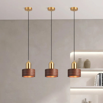Walnut & Brass Cylinder Pendant Lamp | Japanese-Inspired Hanging Light Fixture