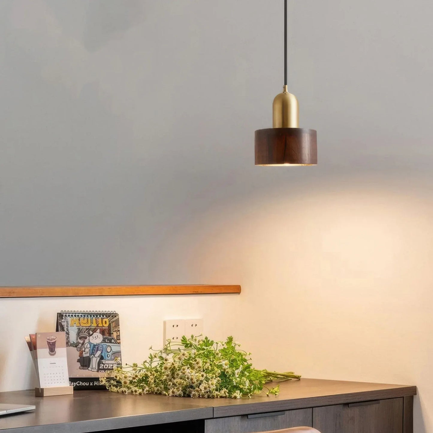 Walnut & Brass Cylinder Pendant Lamp | Japanese-Inspired Hanging Light Fixture