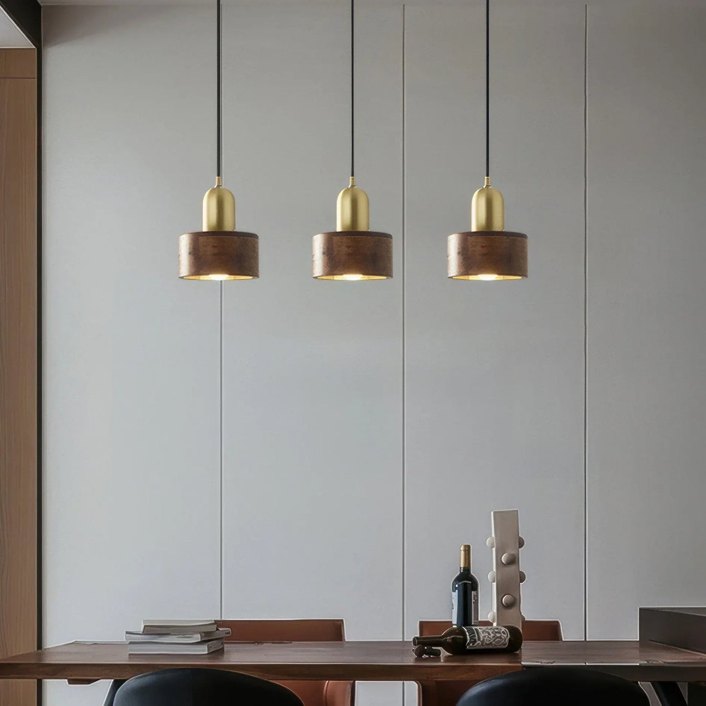 Walnut & Brass Cylinder Pendant Lamp | Japanese-Inspired Hanging Light Fixture