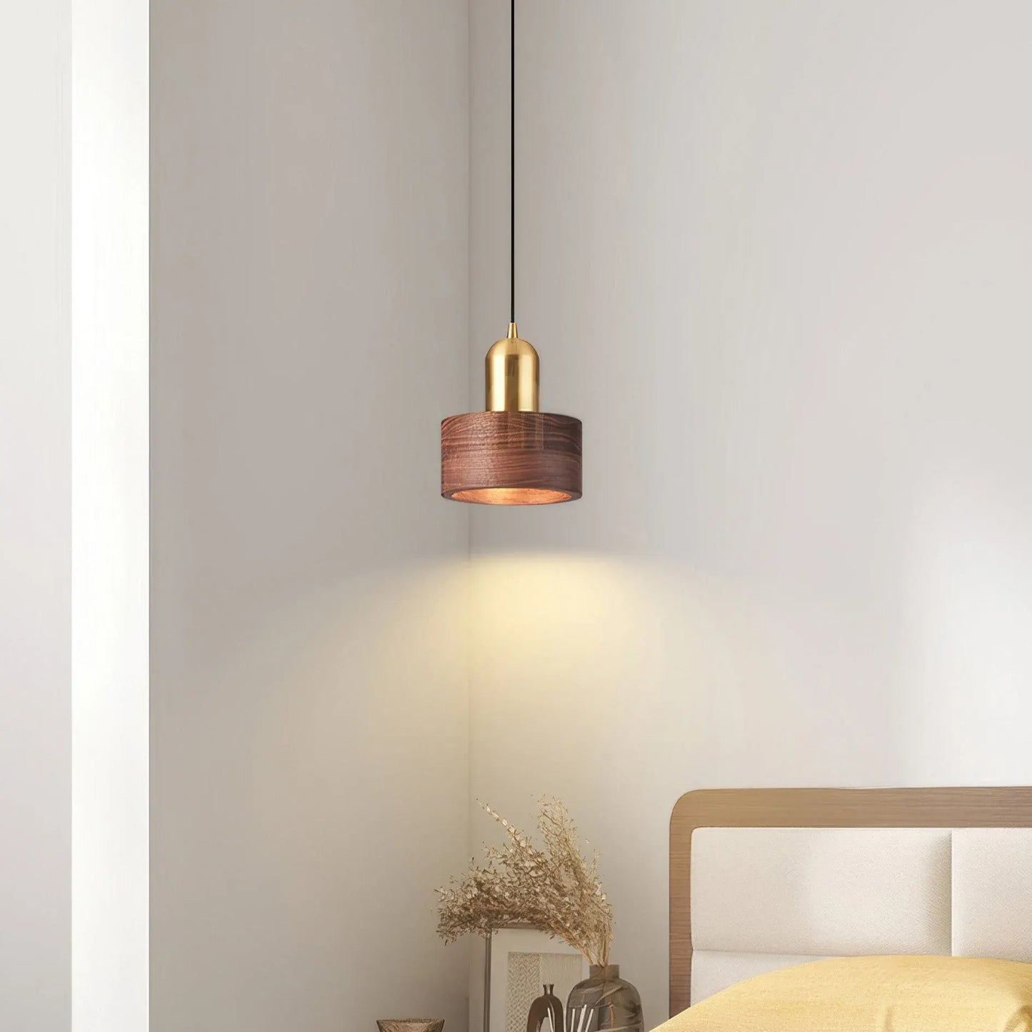 Walnut & Brass Cylinder Pendant Lamp | Japanese-Inspired Hanging Light Fixture
