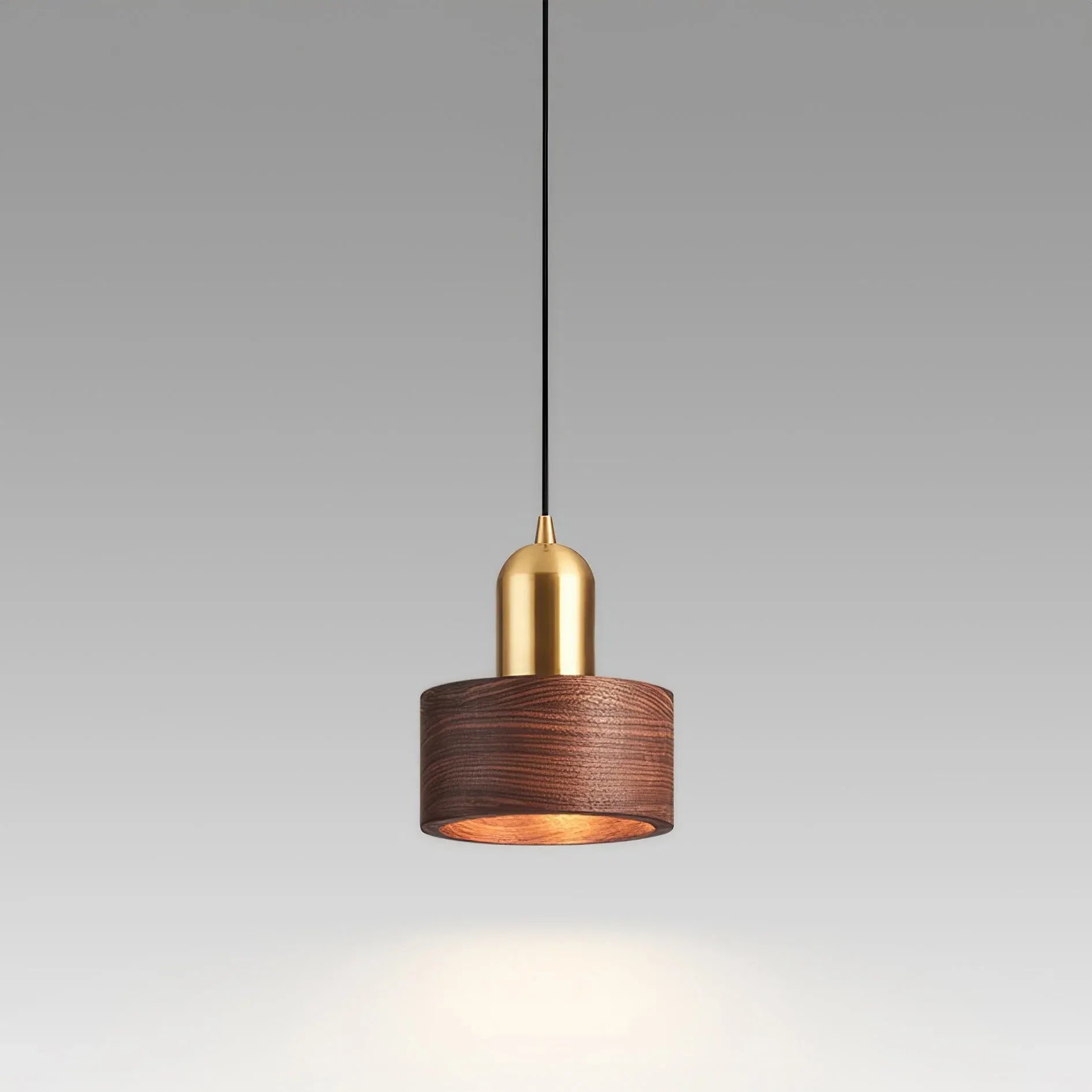 Walnut & Brass Cylinder Pendant Lamp | Japanese-Inspired Hanging Light Fixture