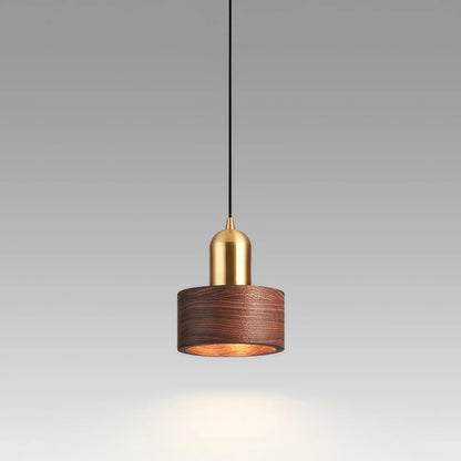 Walnut & Brass Cylinder Pendant Lamp | Japanese-Inspired Hanging Light Fixture