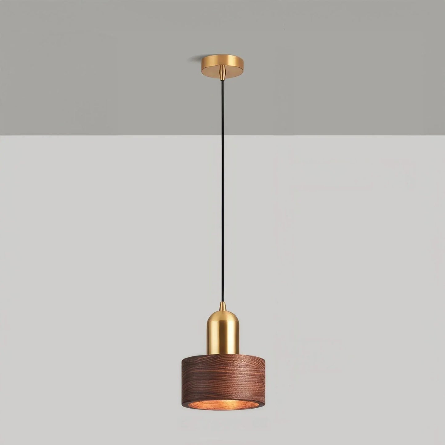 Walnut & Brass Cylinder Pendant Lamp | Japanese-Inspired Hanging Light Fixture
