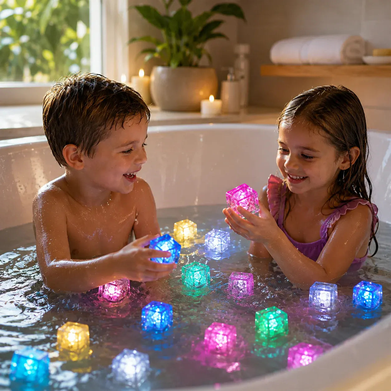 Waterproof Bath Toys with Colorful Light-Up Cubes