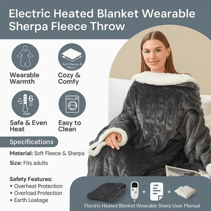 Wearable Sherpa Fleece Heated Throw Blanket for Adults