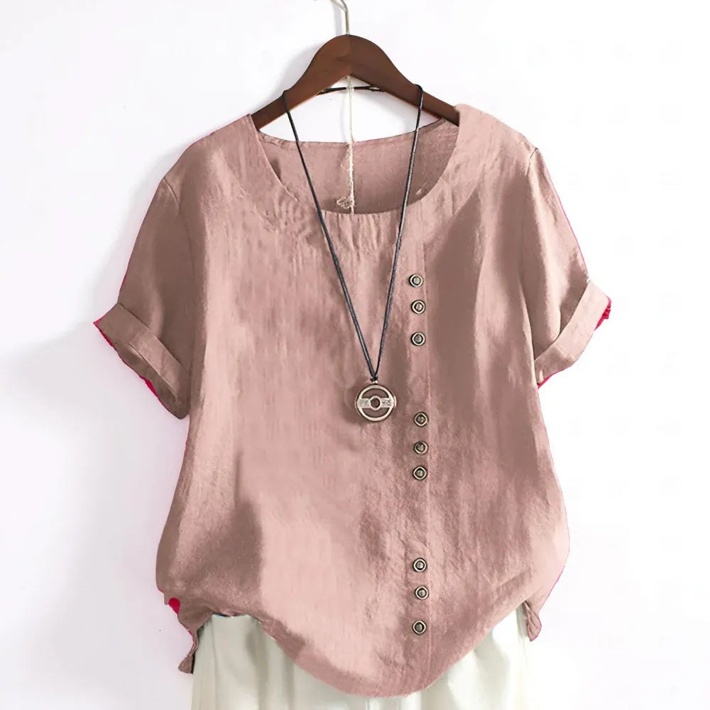 Women's Casual Round Neck Button-Front Blouse with Short Sleeves