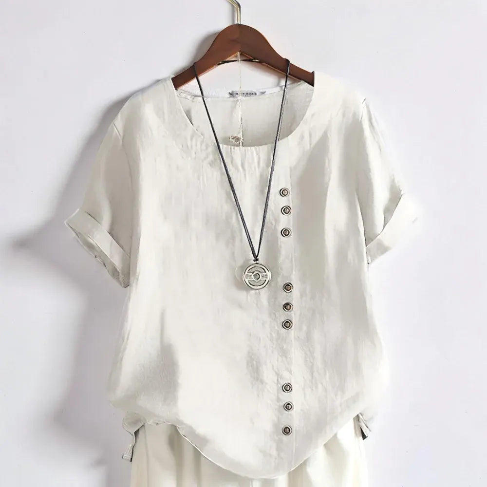 Women's Casual Round Neck Button-Front Blouse with Short Sleeves