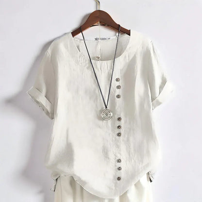 Women's Casual Round Neck Button-Front Blouse with Short Sleeves