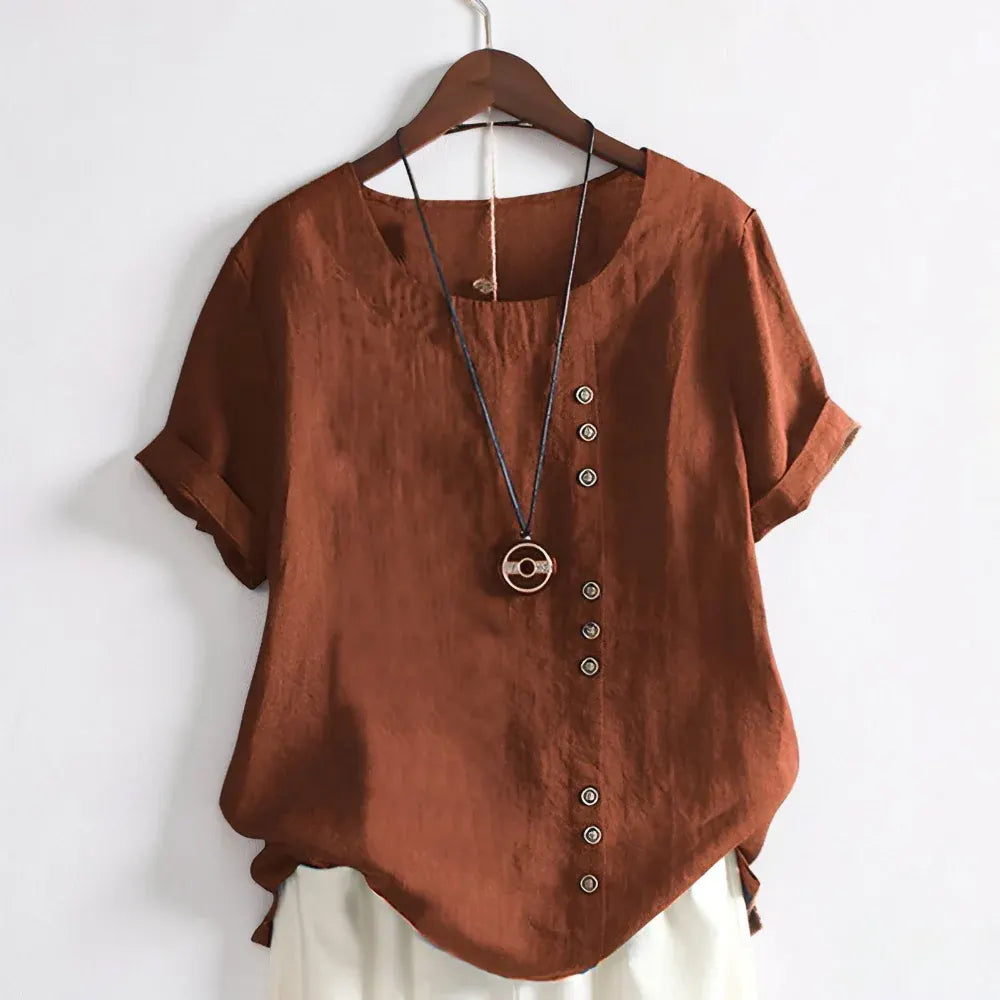Women's Casual Round Neck Button-Front Blouse with Short Sleeves