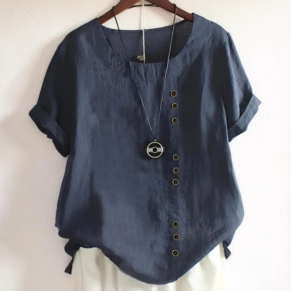 Women's Casual Round Neck Button-Front Blouse with Short Sleeves