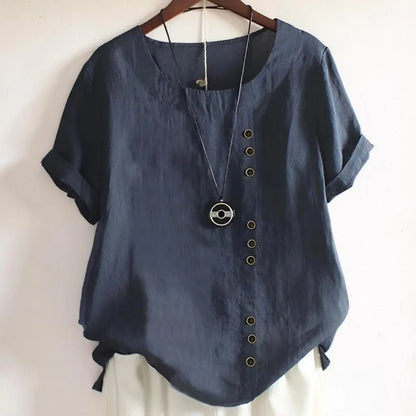 Women's Casual Round Neck Button-Front Blouse with Short Sleeves