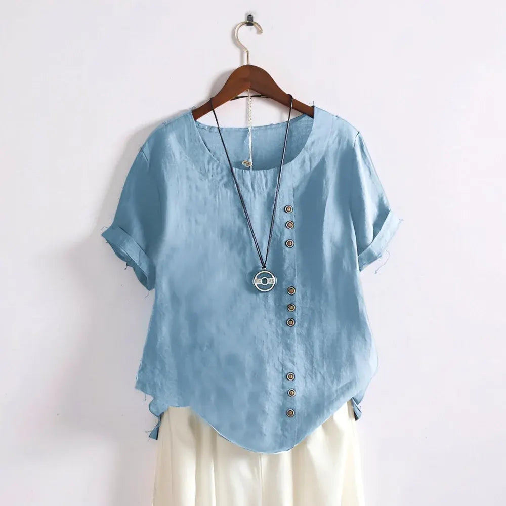 Women's Casual Round Neck Button-Front Blouse with Short Sleeves