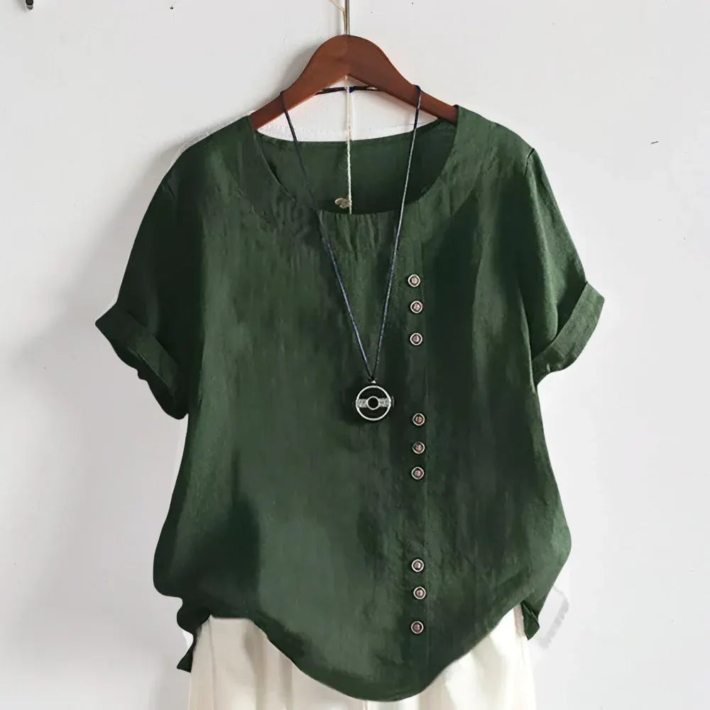 Women's Casual Round Neck Button-Front Blouse with Short Sleeves