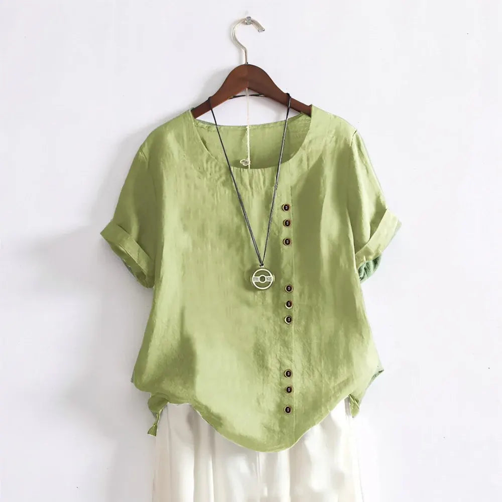 Women's Casual Round Neck Button-Front Blouse with Short Sleeves