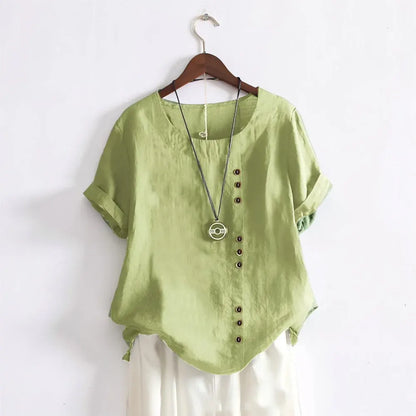 Women's Casual Round Neck Button-Front Blouse with Short Sleeves