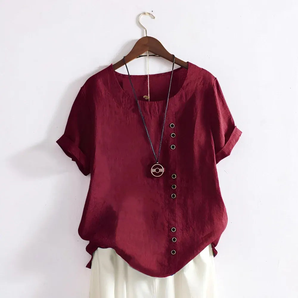 Women's Casual Round Neck Button-Front Blouse with Short Sleeves