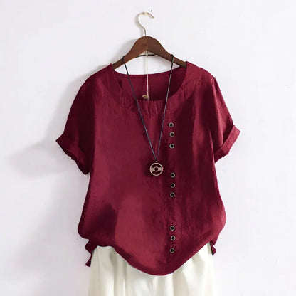 Women's Casual Round Neck Button-Front Blouse with Short Sleeves