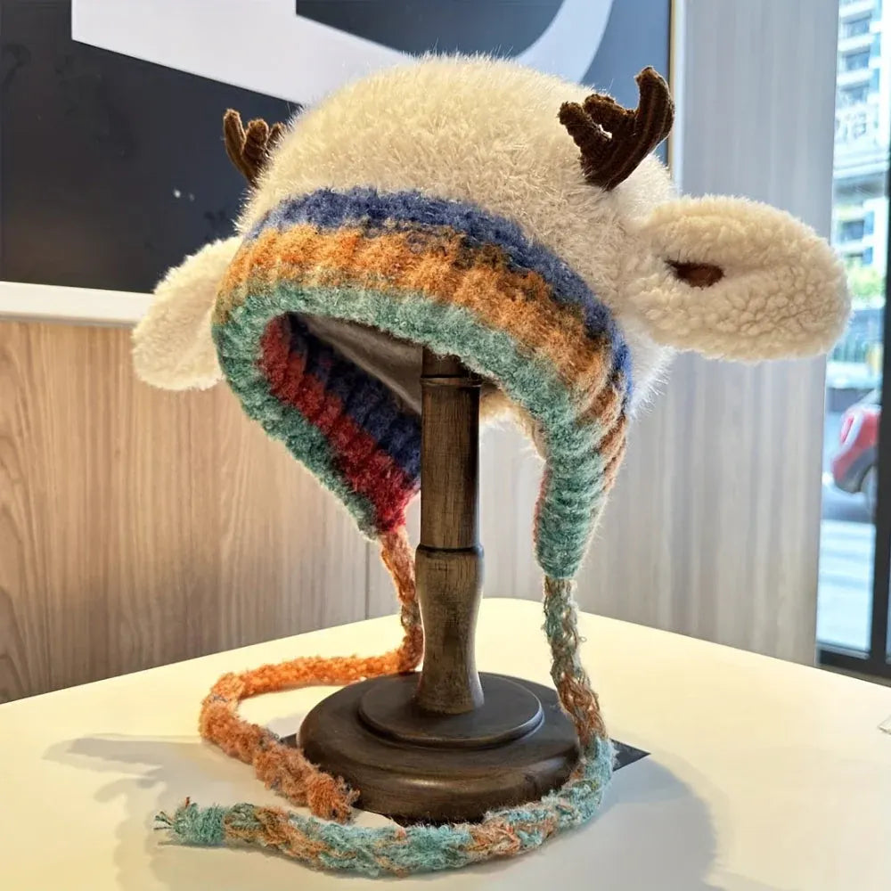Women's Knitted Reindeer Ear-Flap Winter Beanie Hat