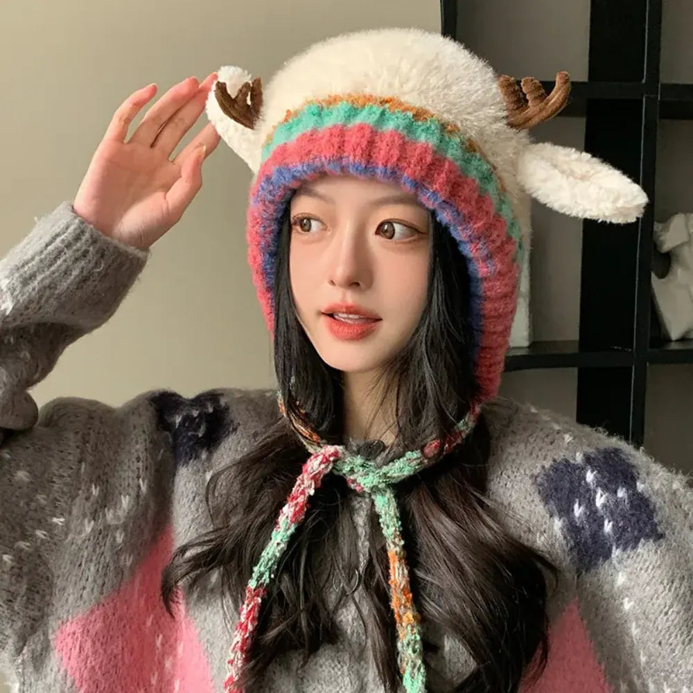 Women's Knitted Reindeer Ear-Flap Winter Beanie Hat