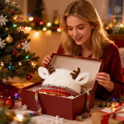 Women's Knitted Reindeer Ear-Flap Winter Beanie Hat