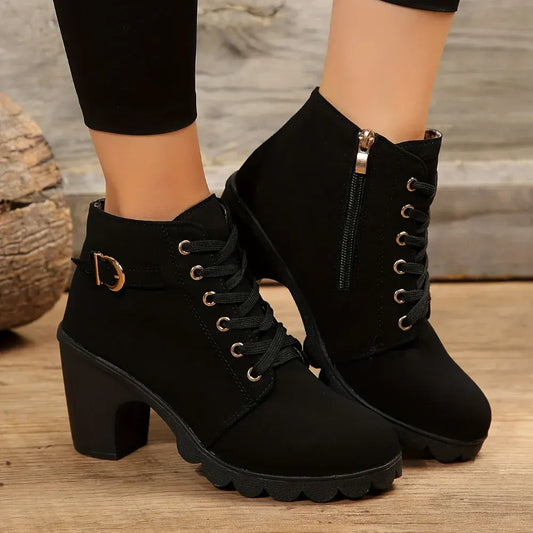 Women's Lace-Up Block Heel Casual Ankle Booties
