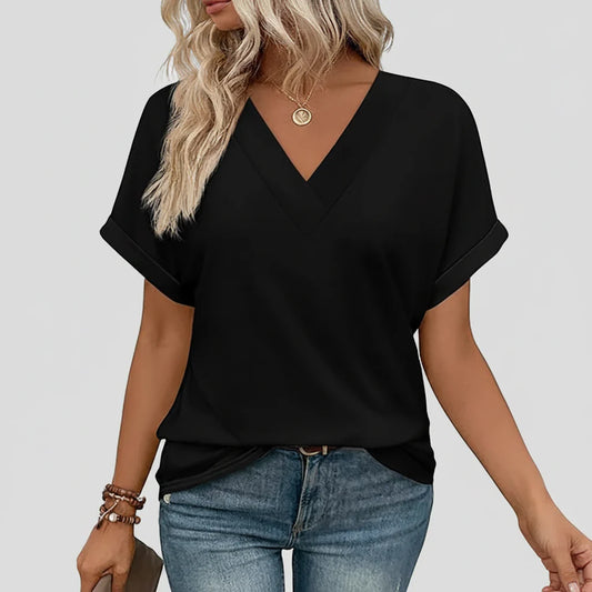 Women's V-Neck Casual Loose-Fit Short Sleeve Summer Tee