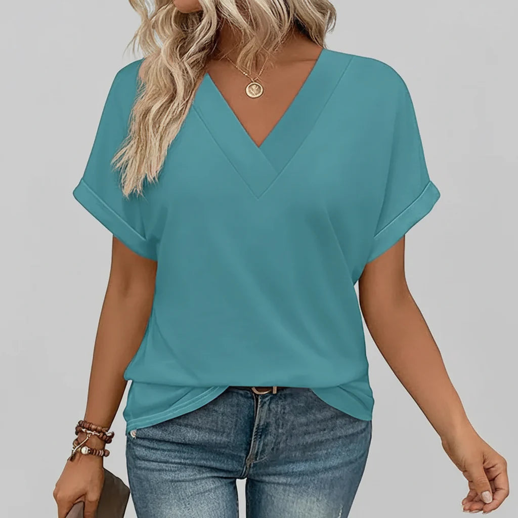 Women's V-Neck Casual Loose-Fit Short Sleeve Summer Tee