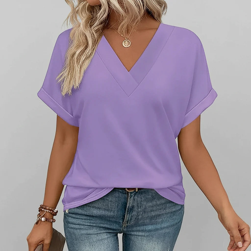 Women's V-Neck Casual Loose-Fit Short Sleeve Summer Tee