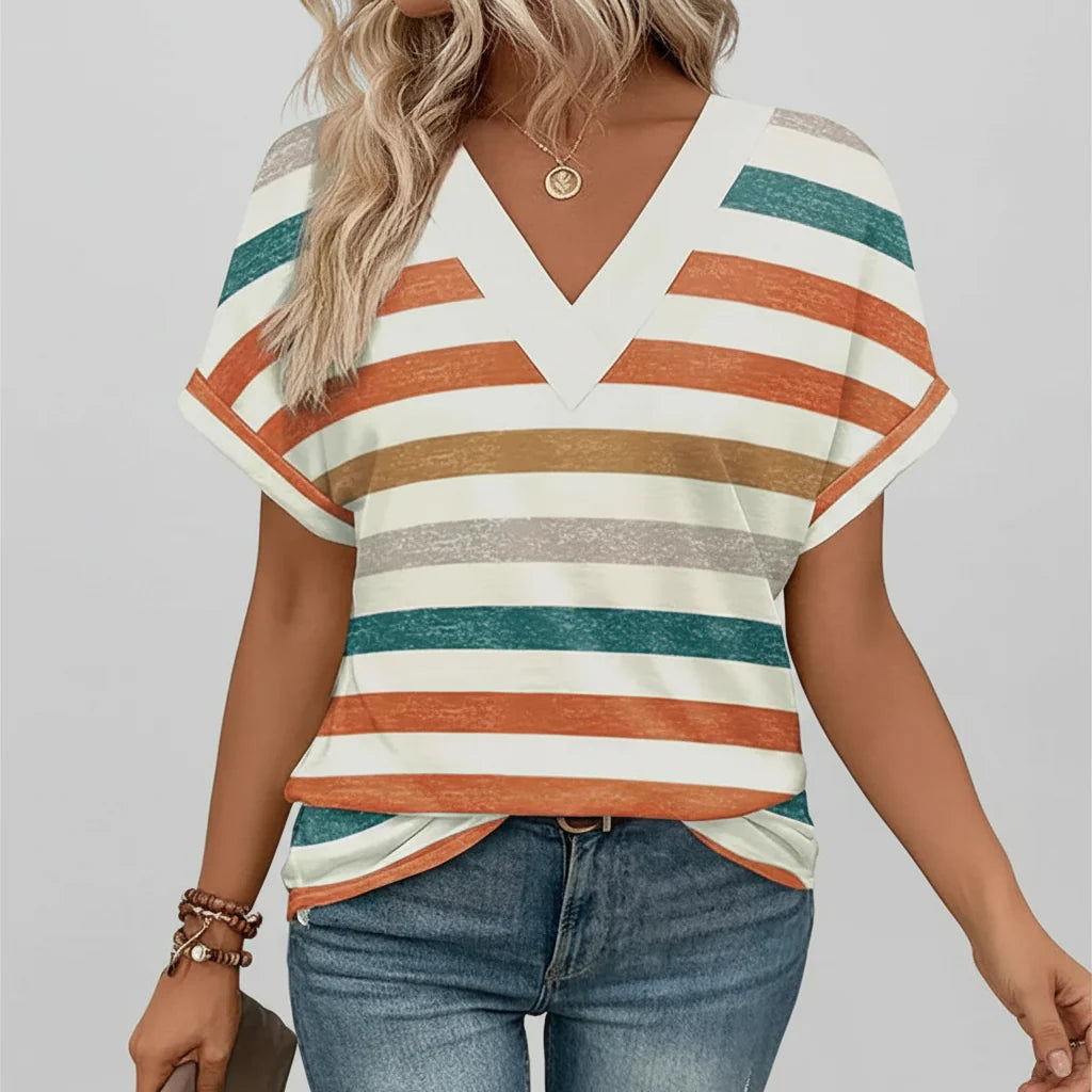 Women's V-Neck Casual Loose-Fit Short Sleeve Summer Tee