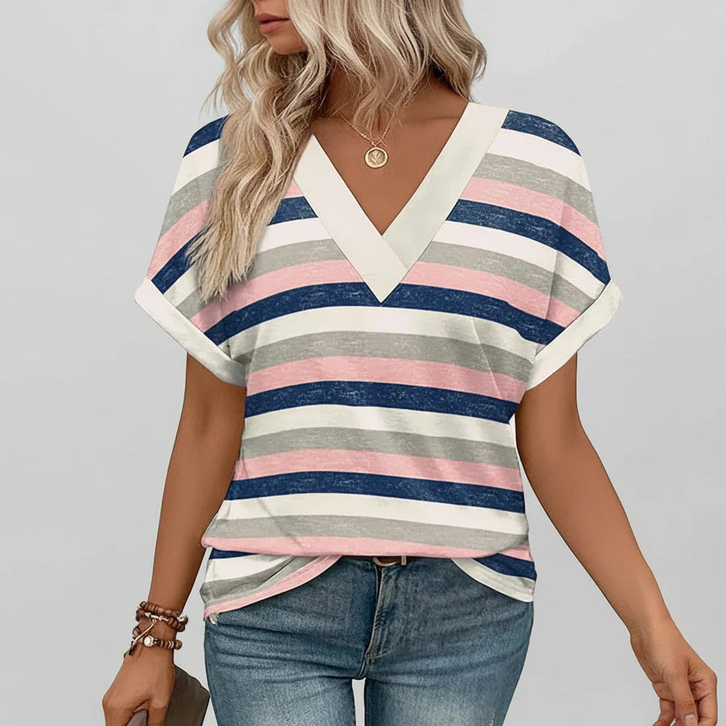 Women's V-Neck Casual Loose-Fit Short Sleeve Summer Tee