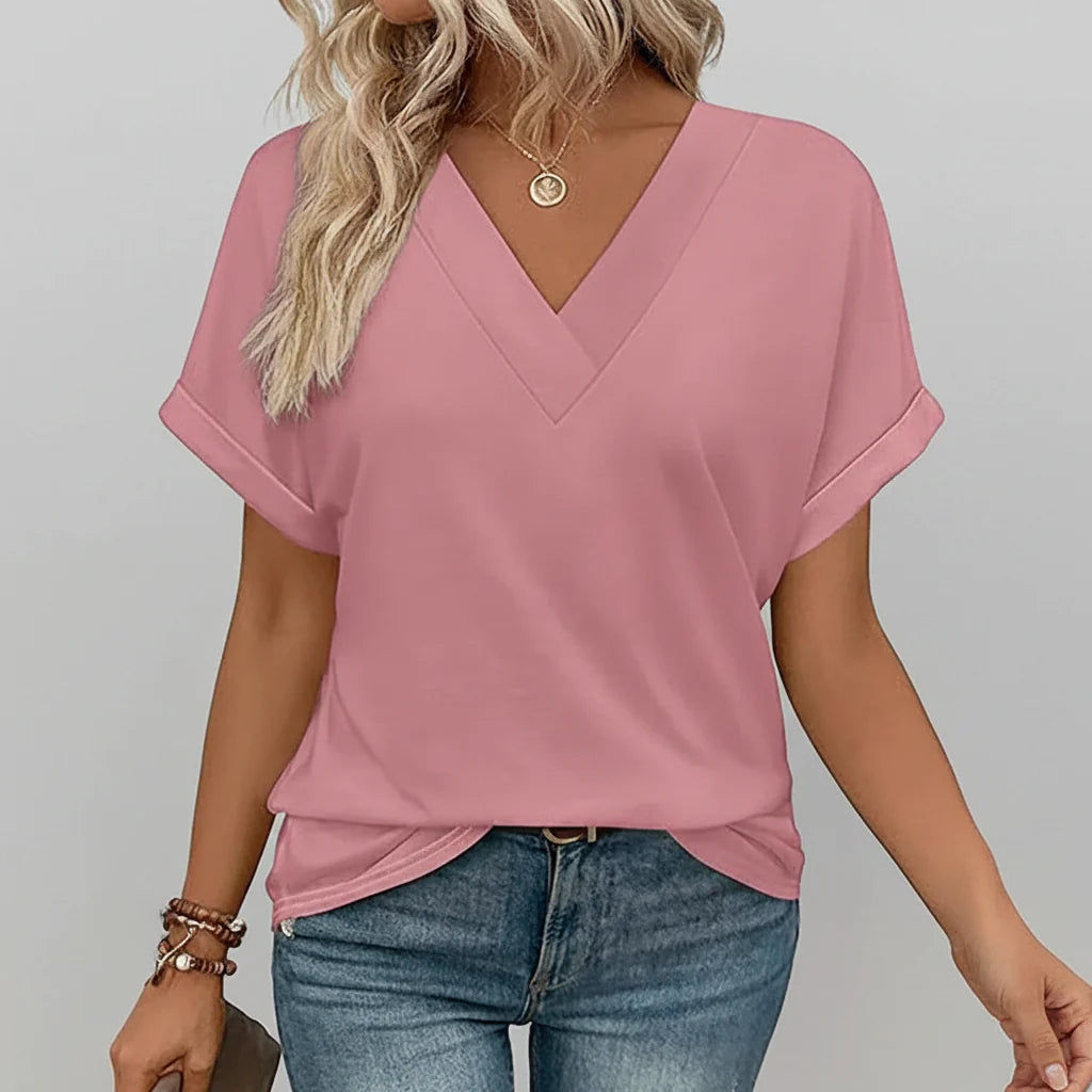 Women's V-Neck Casual Loose-Fit Short Sleeve Summer Tee