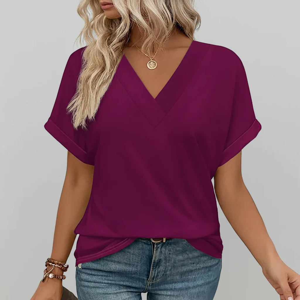 Women's V-Neck Casual Loose-Fit Short Sleeve Summer Tee