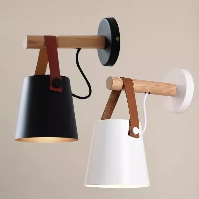 Wood & Leather Wall-Mounted Hanging Bedside Lamp, Nordic Style