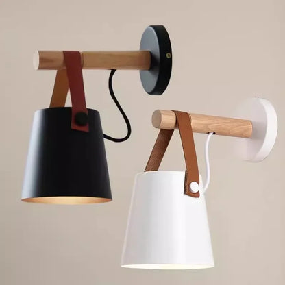 Wood & Leather Wall-Mounted Hanging Bedside Lamp, Nordic Style