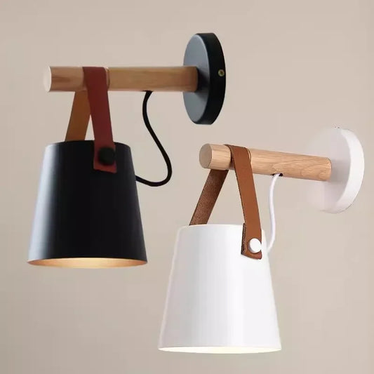 Wood & Leather Wall-Mounted Hanging Bedside Lamp, Nordic Style