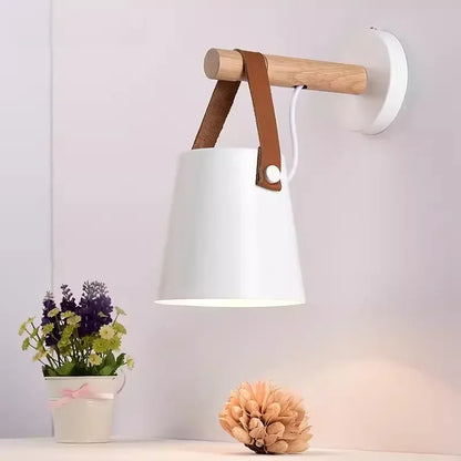 Wood & Leather Wall-Mounted Hanging Bedside Lamp, Nordic Style