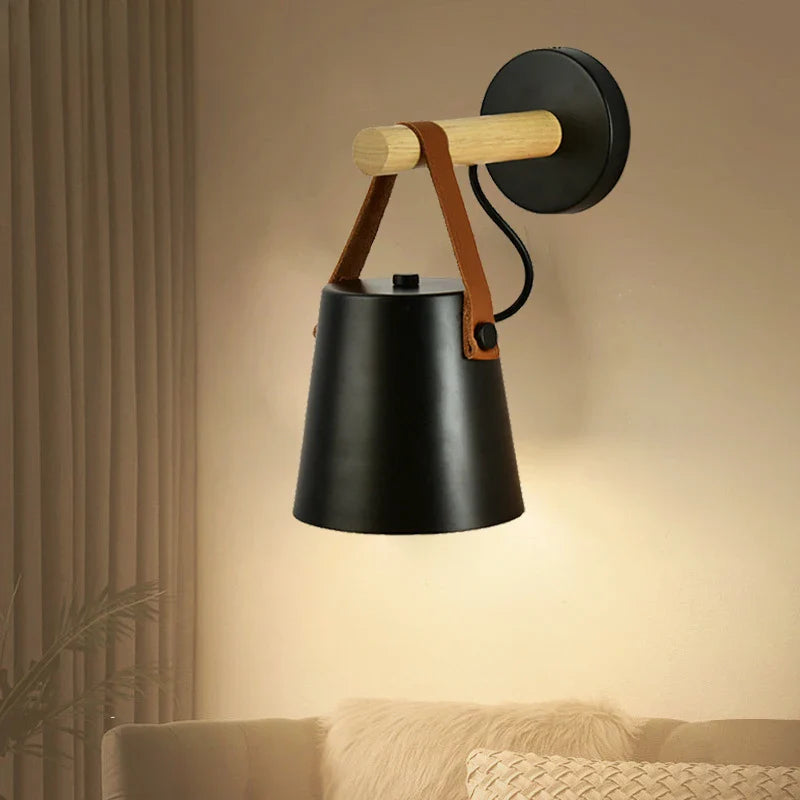 Wood & Leather Wall-Mounted Hanging Bedside Lamp, Nordic Style
