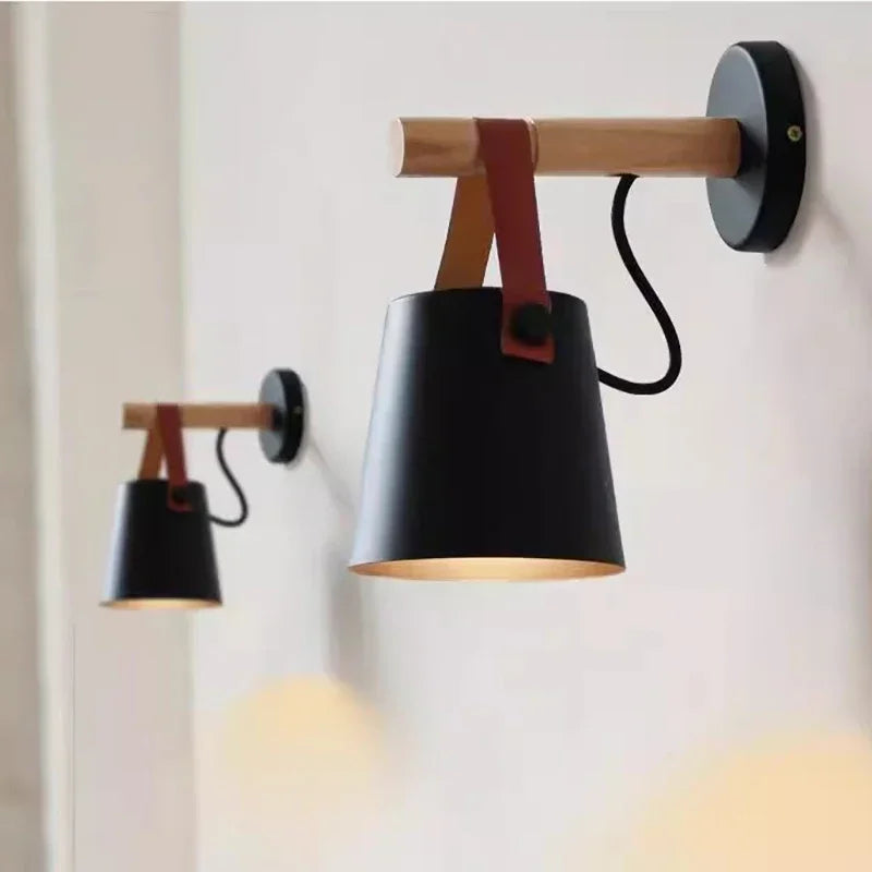 Wood & Leather Wall-Mounted Hanging Bedside Lamp, Nordic Style