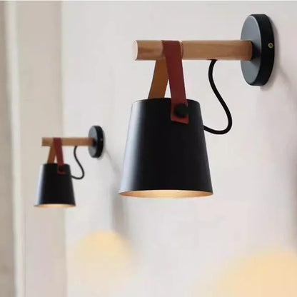 Wood & Leather Wall-Mounted Hanging Bedside Lamp, Nordic Style
