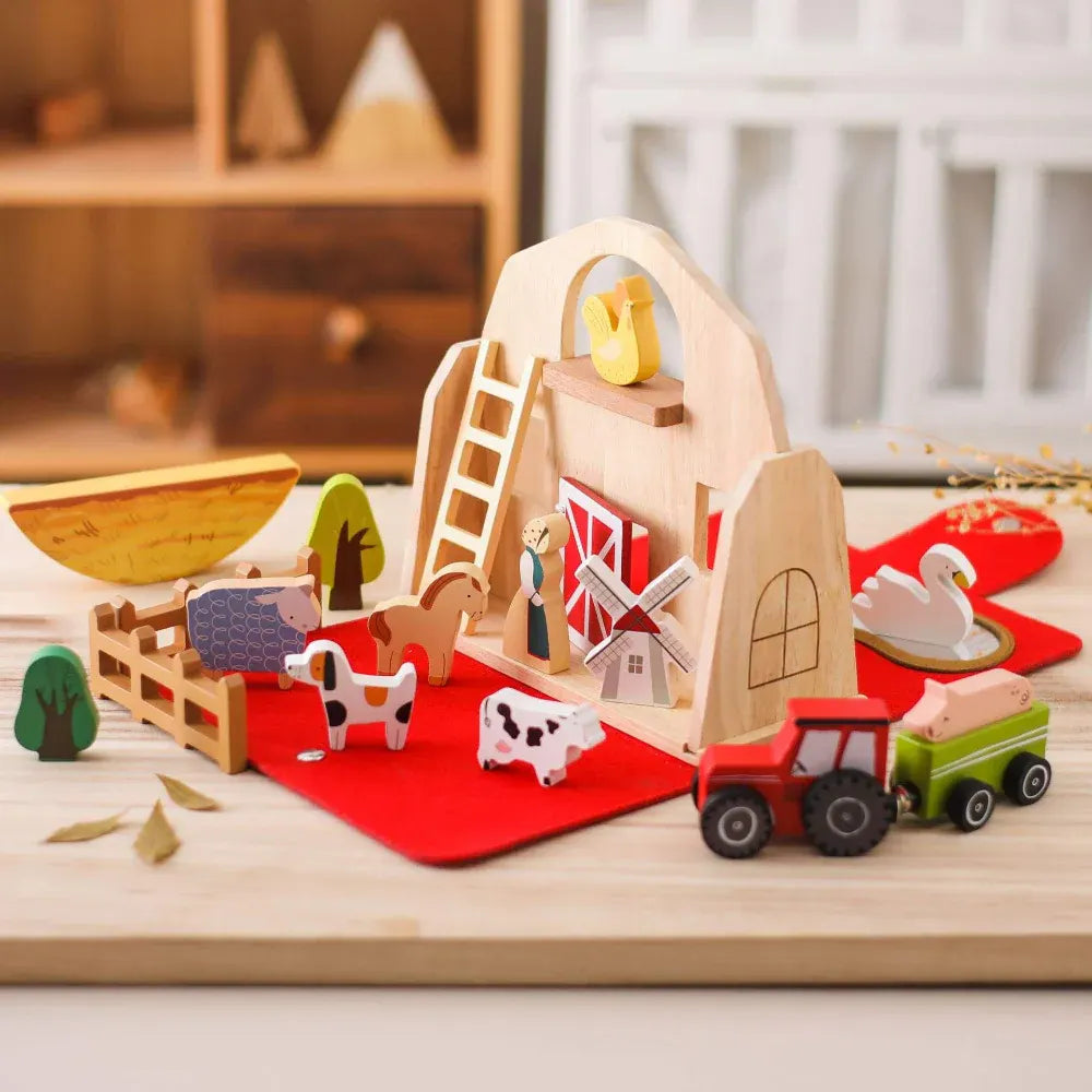 Wooden Farm Animal Playset for Toddlers - Portable Travel Toy