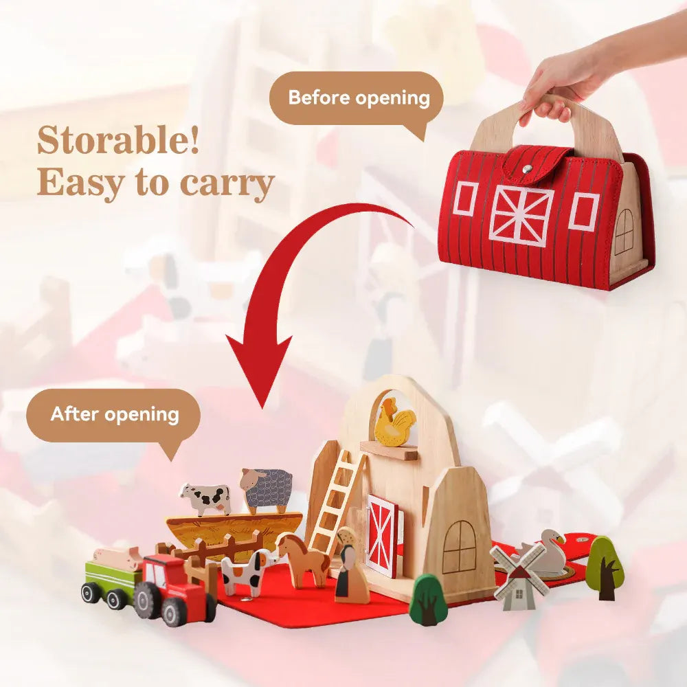 Wooden Farm Animal Playset for Toddlers - Portable Travel Toy