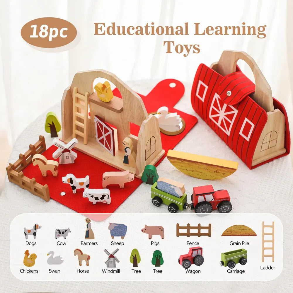 Wooden Farm Animal Playset for Toddlers - Portable Travel Toy