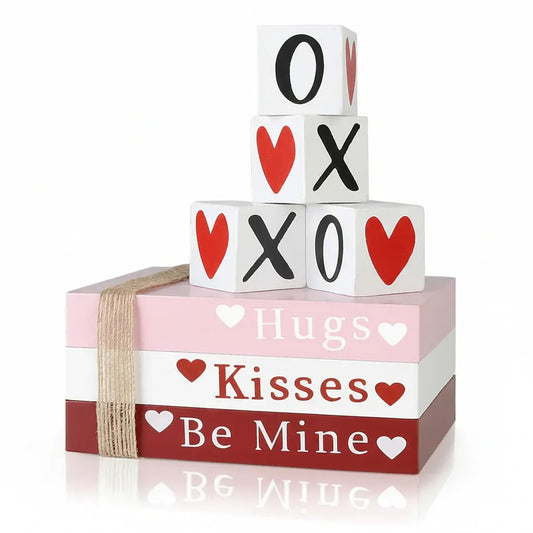 Wooden Heart Shelf Sign Valentine's Book Stack Tabletop Decor