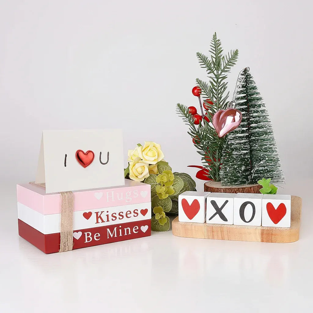 Wooden Heart Shelf Sign Valentine's Book Stack Tabletop Decor