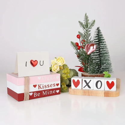 Wooden Heart Shelf Sign Valentine's Book Stack Tabletop Decor