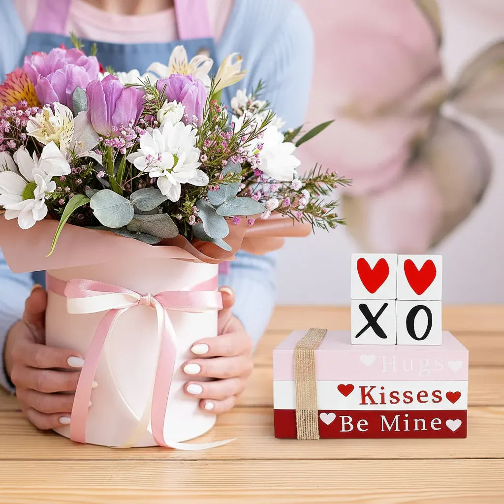 Wooden Heart Shelf Sign Valentine's Book Stack Tabletop Decor