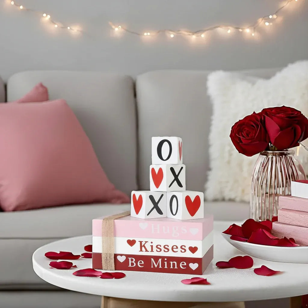 Wooden Heart Shelf Sign Valentine's Book Stack Tabletop Decor