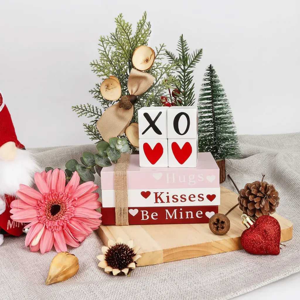 Wooden Heart Shelf Sign Valentine's Book Stack Tabletop Decor